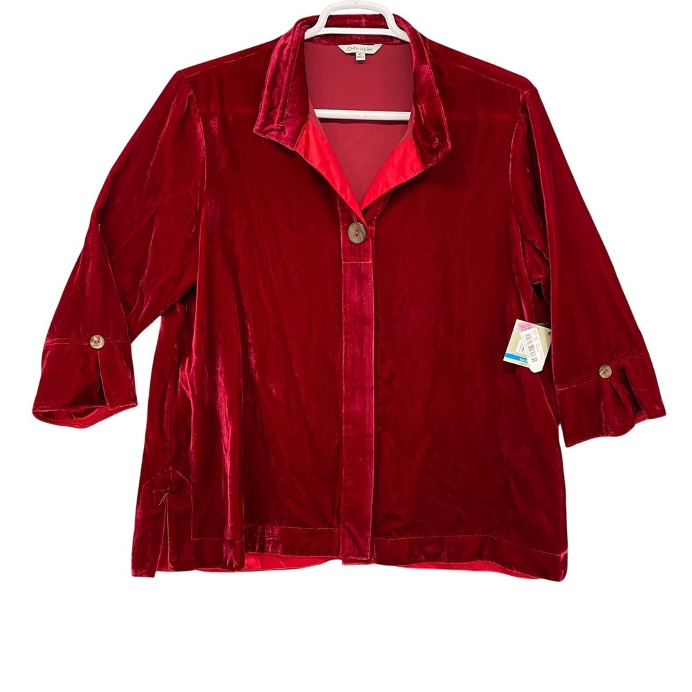 JOHN‎ MARK Red Velvet Button Front 3/4 Sleeve Blouse Top Women's XL